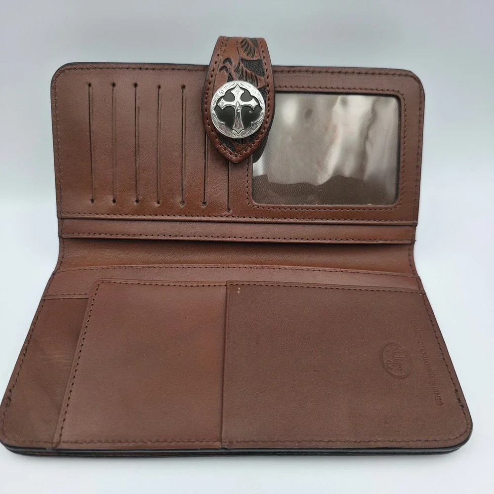 3D Belt Co Womens Brown Handtooled Leather Cowhide Cross Concho Bifold Wallet